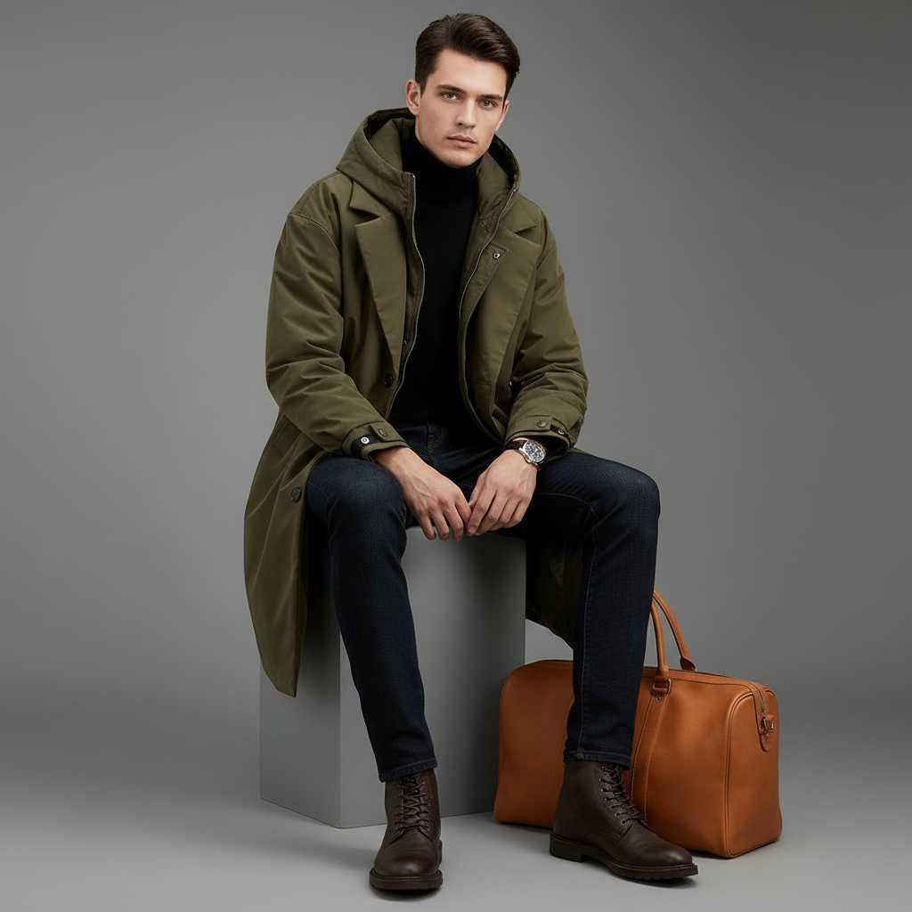 Men's Waterproof Puffer Trench Coat | Long Hooded Jacket