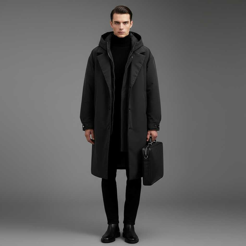 Men's Waterproof Puffer Trench Coat | Long Hooded Jacket